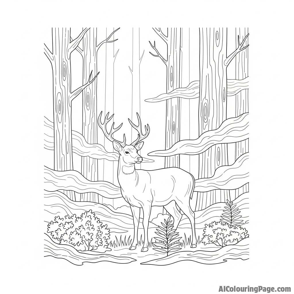 A lone deer in a silent, fog-shrouded forest.