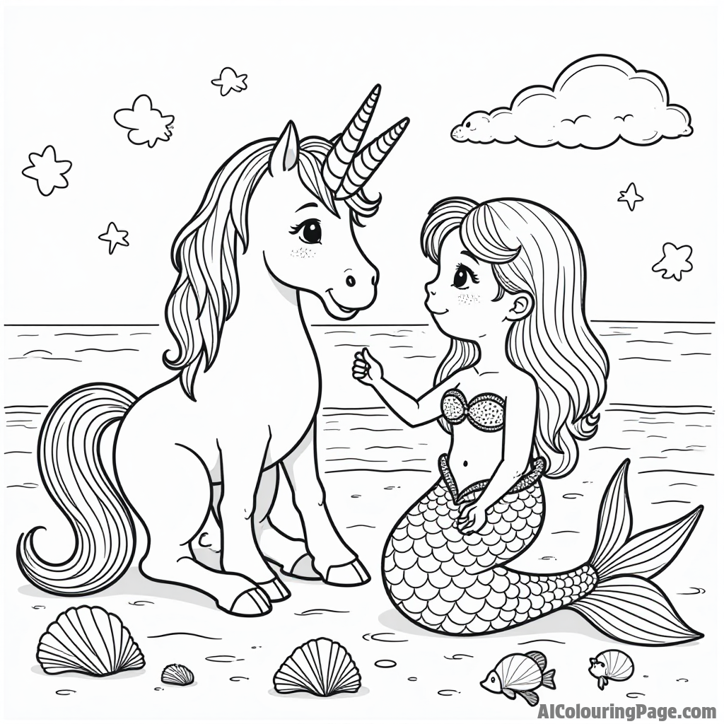 A unicorn and a mermaid playing together at the beach with seashells and colorful fish, encouraging imaginative coloring fun.