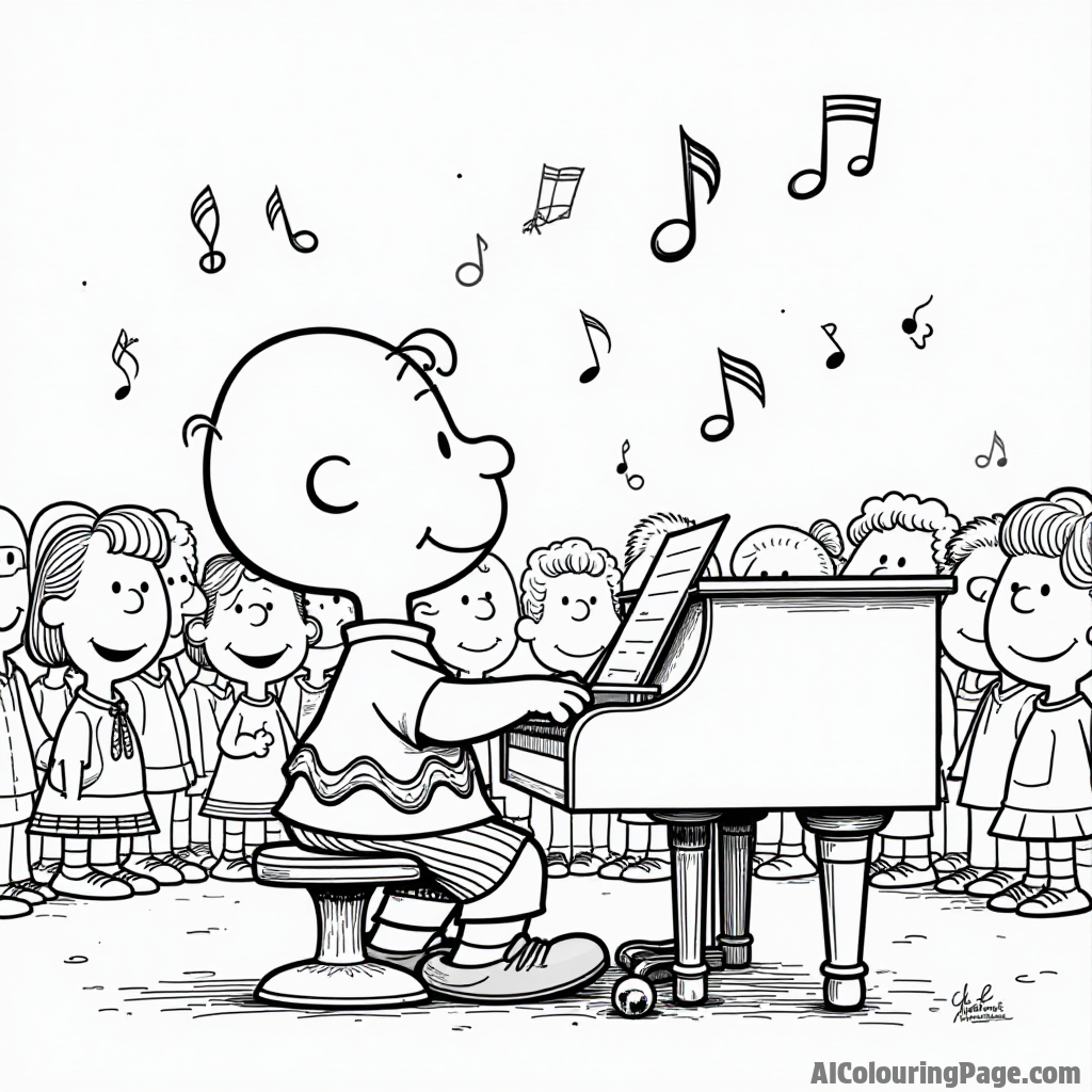 Charlie Brown playing the piano with musical notes floating around him and a crowd of friends watching