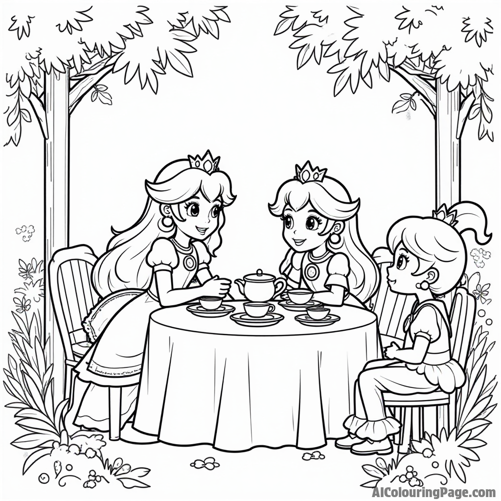 Princess Peach having a tea party with her friends in the royal garden under a gazebo.