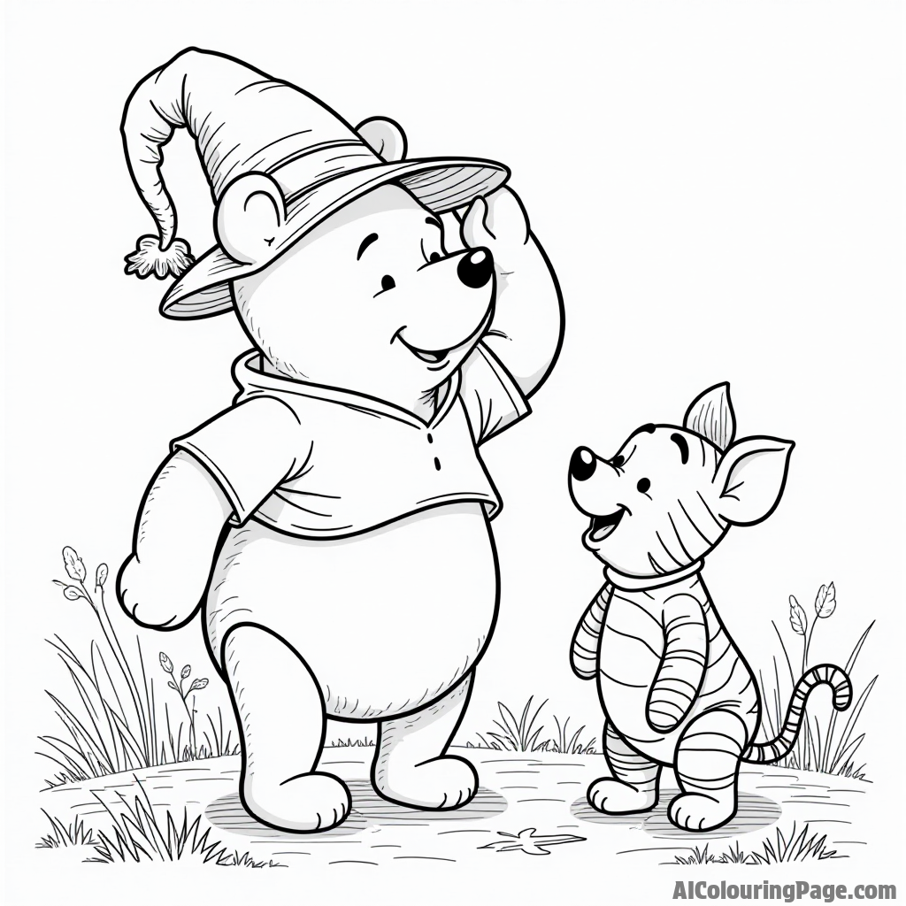 Winnie the Pooh trying on a silly hat, with Piglet and Tigger laughing, surrounded by colorful accessories everywhere.