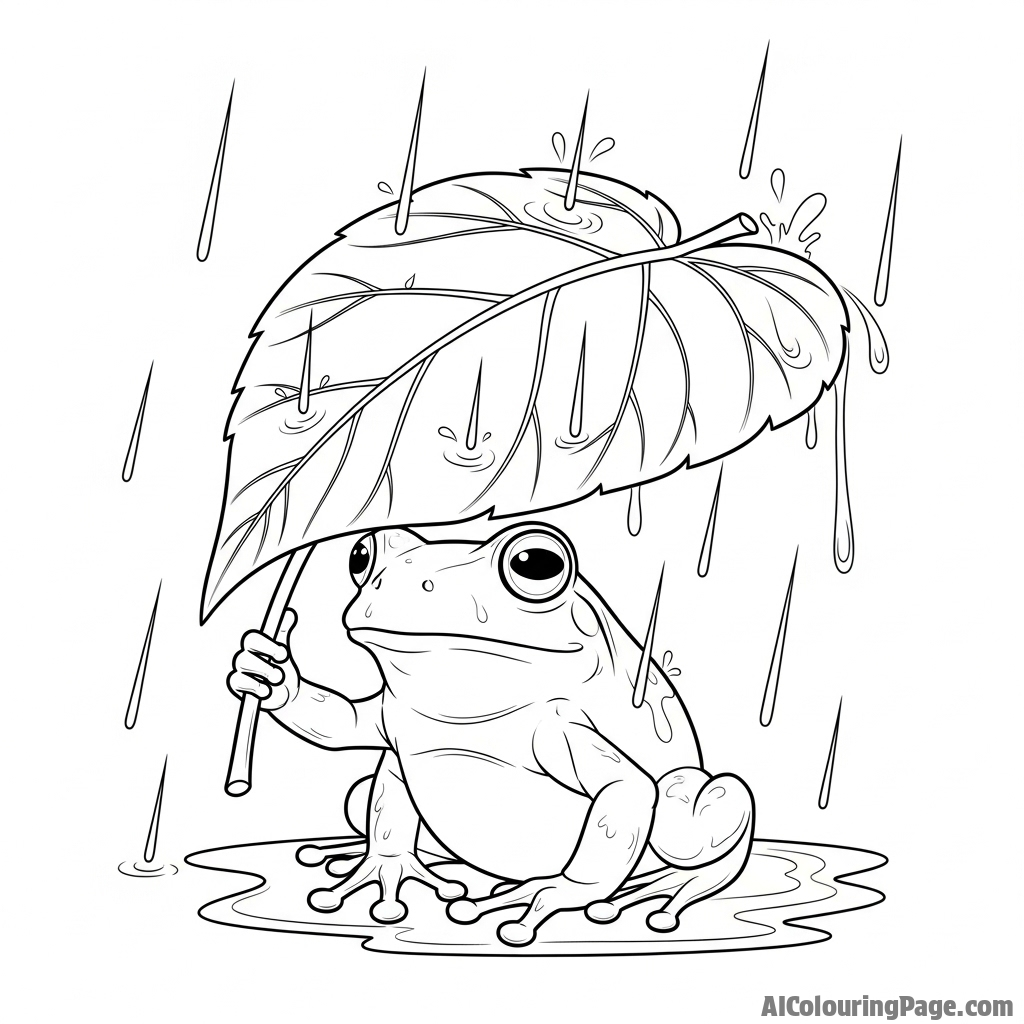 A frog using a leaf as an umbrella in the rain.