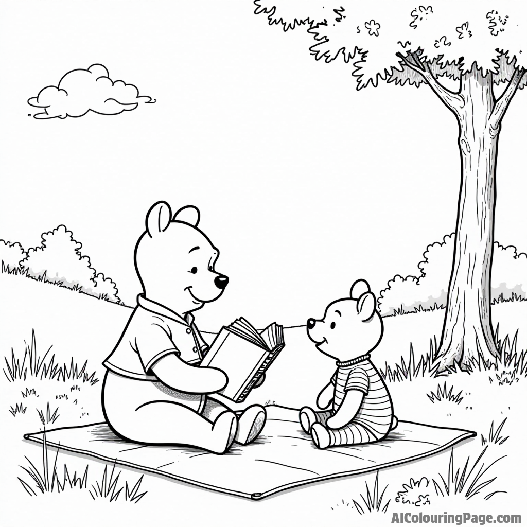 Christopher Robin reading a book to Pooh and Piglet, sitting on a picnic blanket in a sunny clearing.