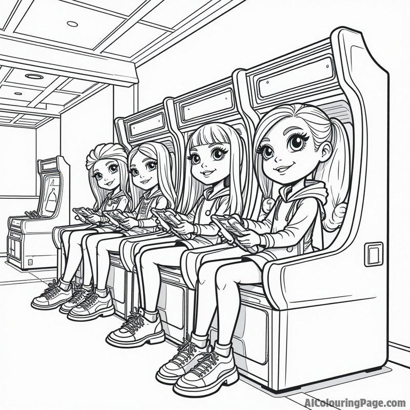 Bratz playing video games in a cool arcade