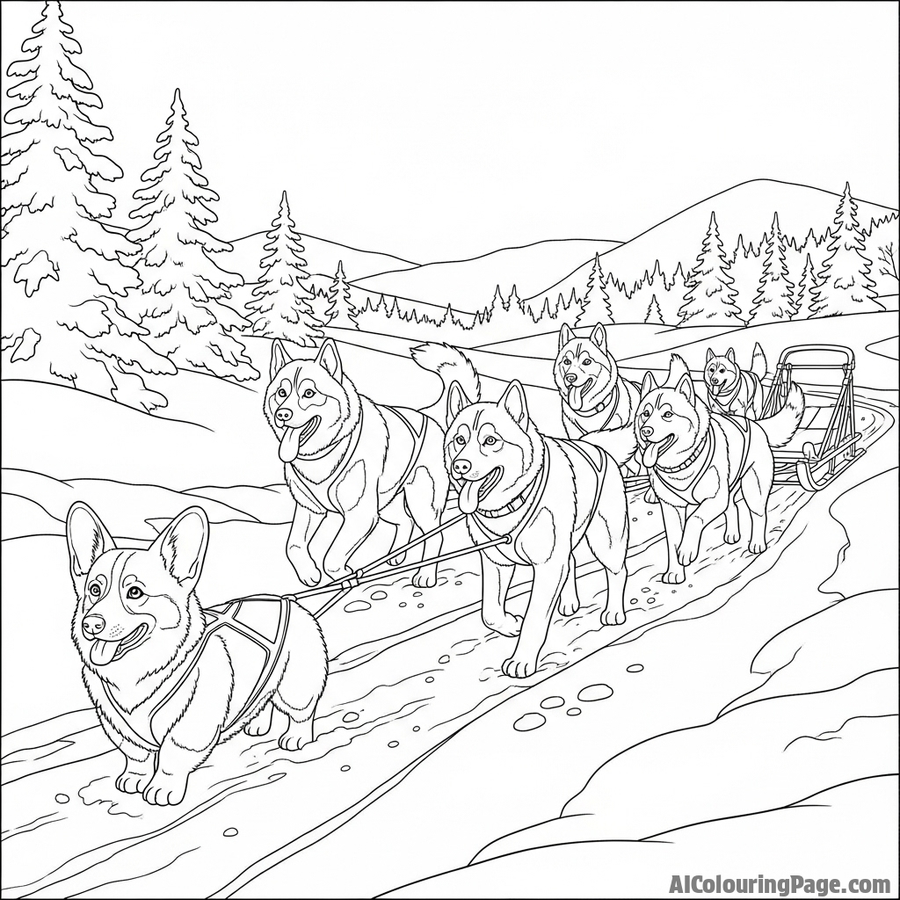A corgi leading a team of sled dogs in a snowy wilderness.
