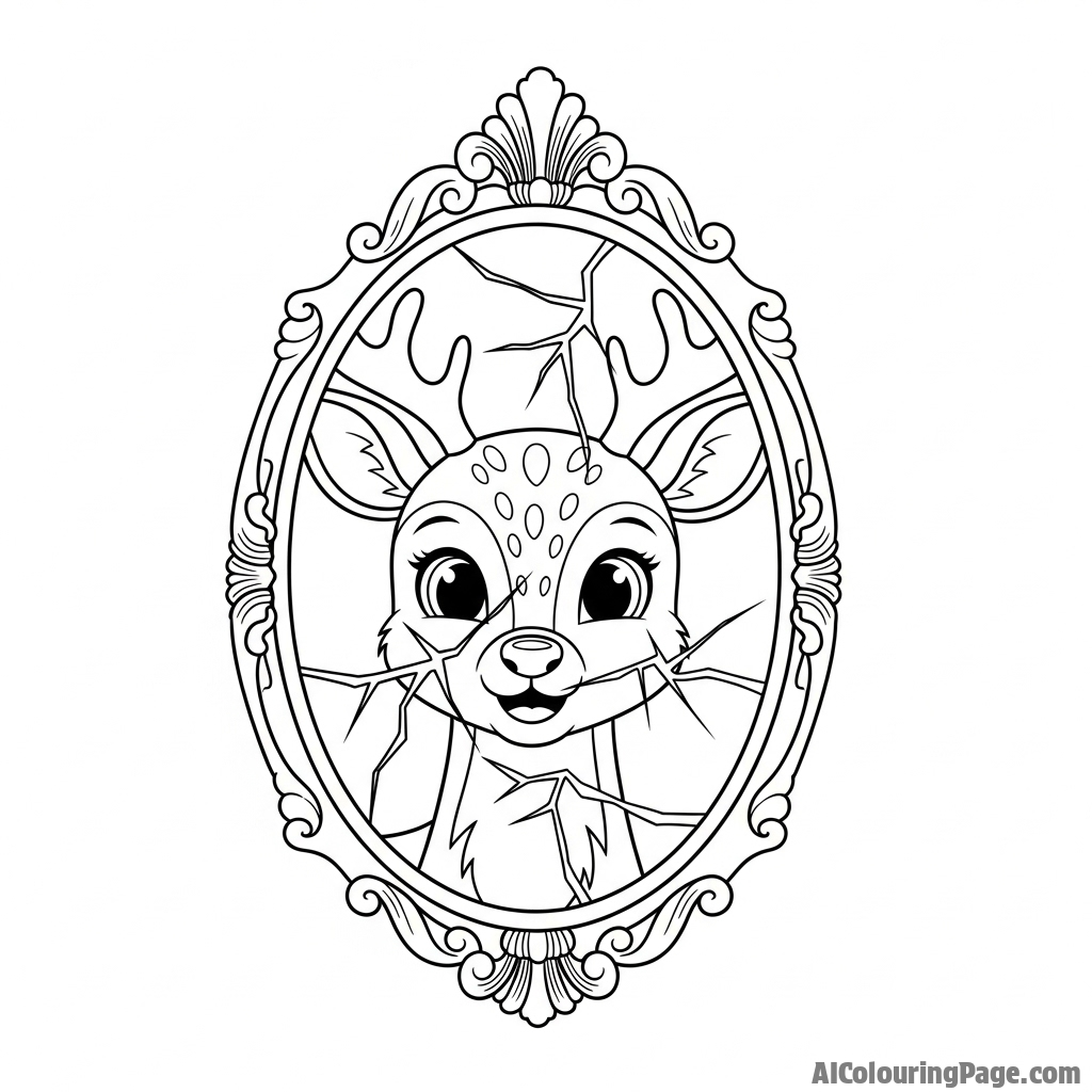 A deer's face seen in the reflection of a cracked, antique mirror.