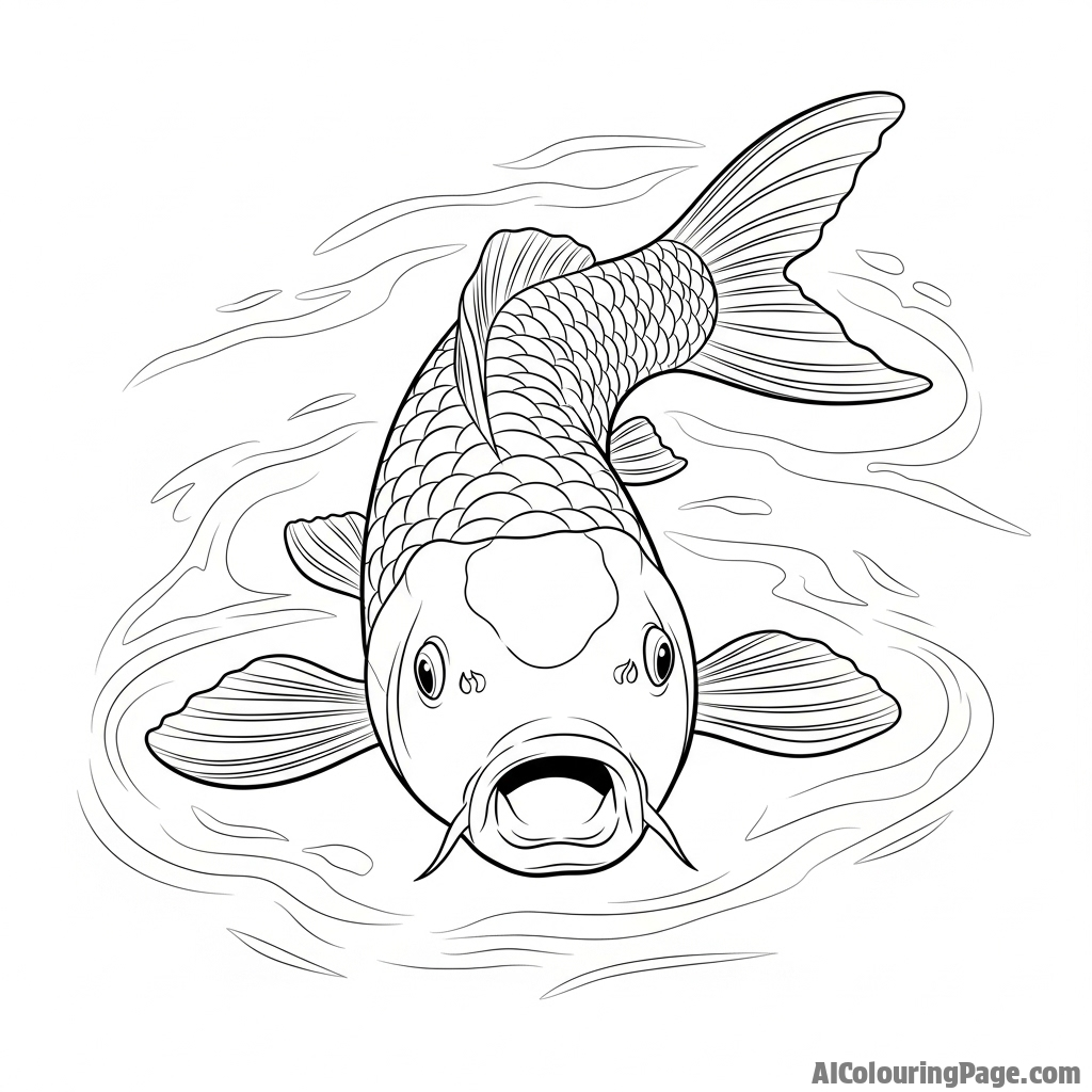 A koi fish swimming directly towards the viewer from the murky depths, its mouth agape.