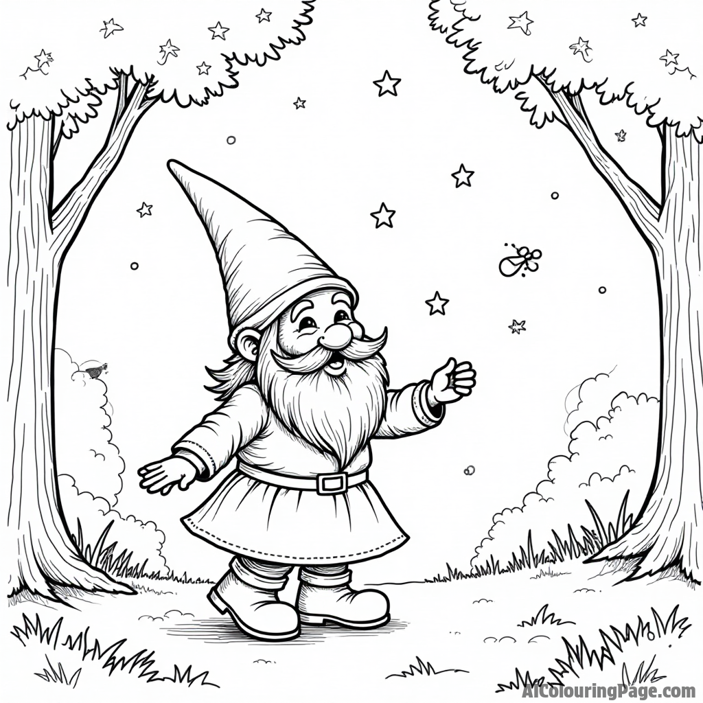 A gnome dancing with fireflies under a starlit sky, surrounded by trees and a gentle breeze rustling the leaves.