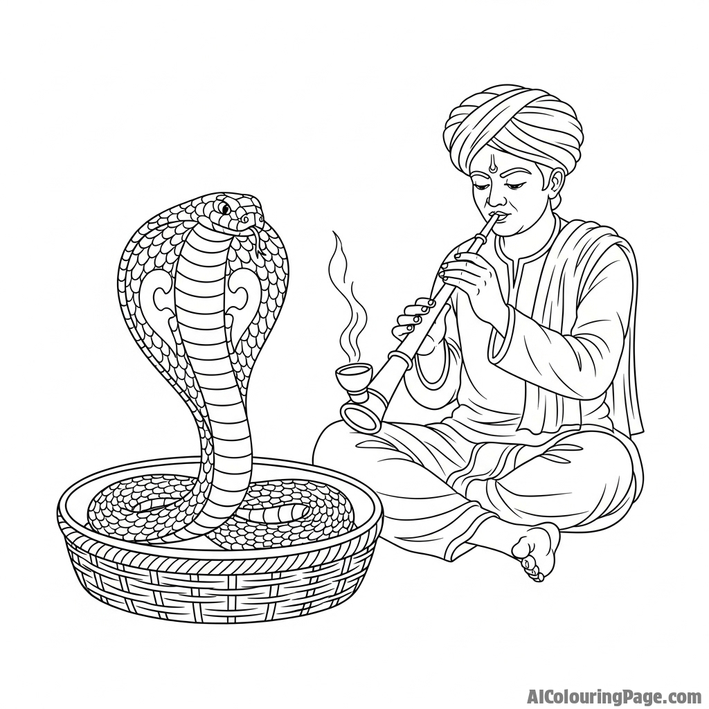 A snake charmer playing a pipe, a cobra with its hood spread rising from a woven basket.