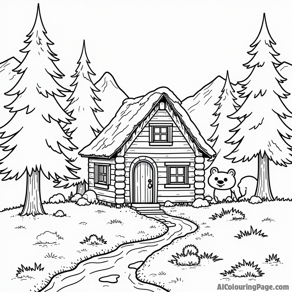 A mountain hut surrounded by tall pines and a small stream, with a curious bear peeking from behind a tree, inviting children to add their artistic touch in black and white.