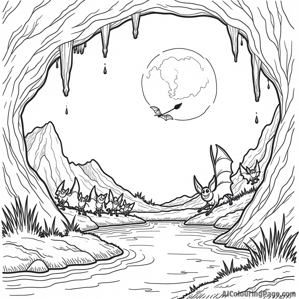 A family of bats hanging out in a cave with stalactites and a shimmering pond reflecting the moonlight.