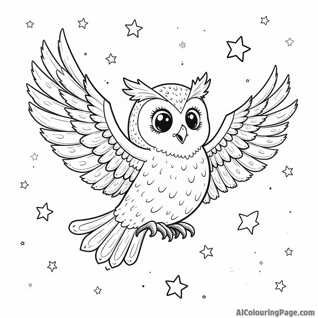 A magical owl flying through the night sky, with stars twinkling around it, inviting children to color their own adventures.