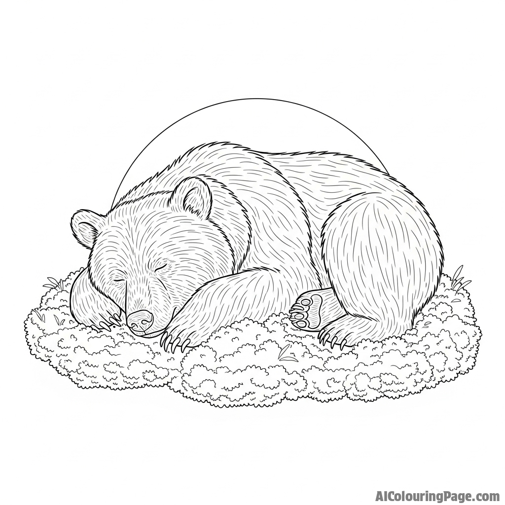 A bear peacefully sleeping on a bed of soft moss in a sunbeam.