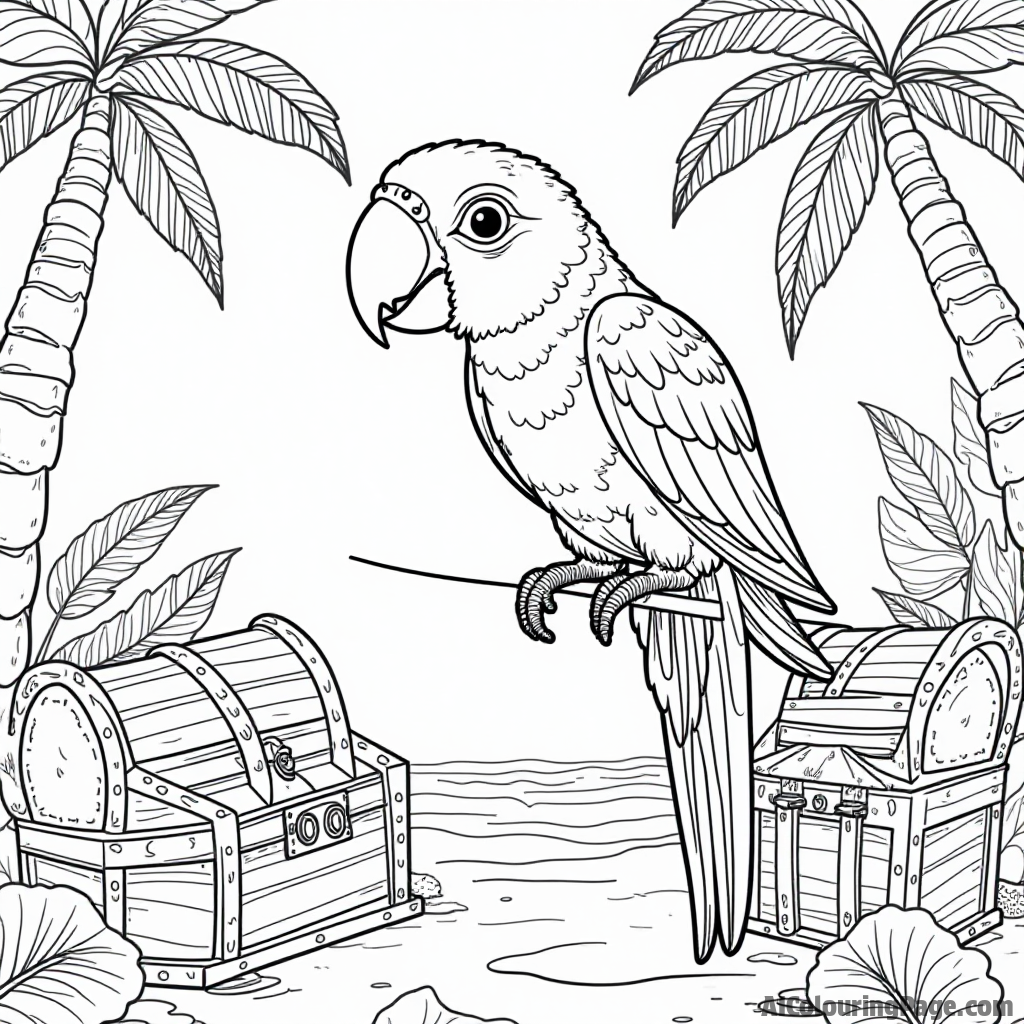 An inquisitive parrot sitting on a pirate's shoulder, surrounded by treasure chests and tropical leaves in a whimsical scene