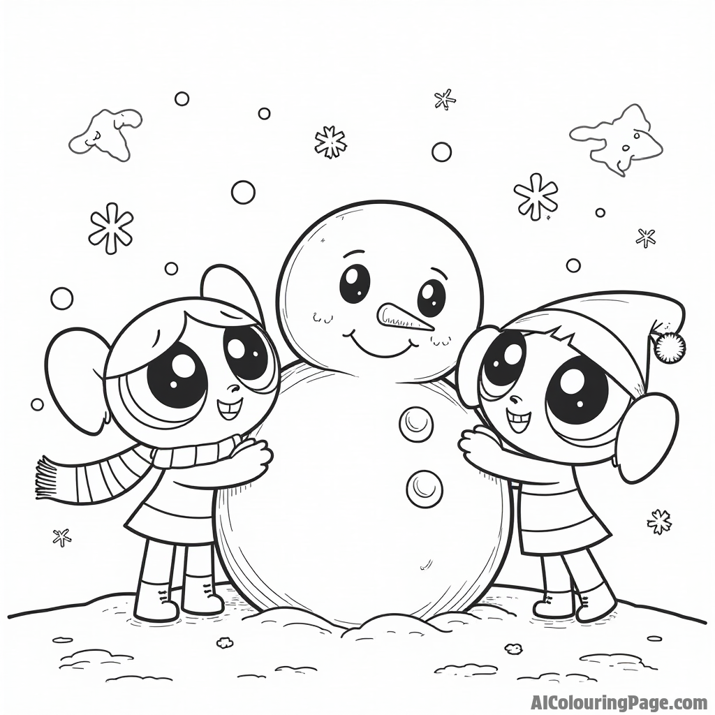 The Powerpuff Girls creating a giant snowman in winter, with scarves, hats, and snowflakes falling gently around them