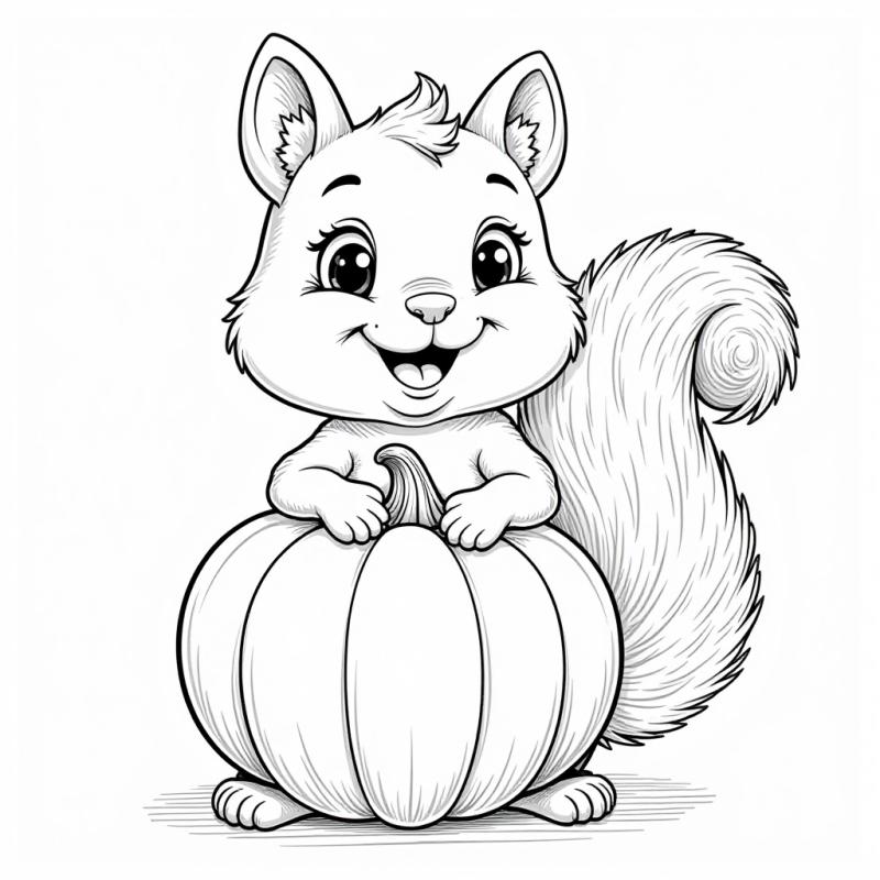 Squirrel holding large pumpkin coloring page