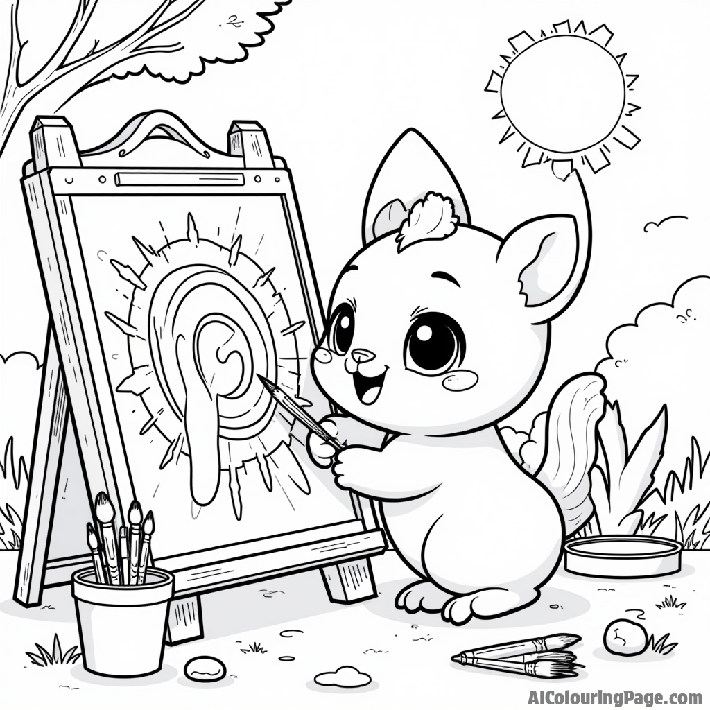 A Hatchimal painting a colorful mural in a sunny park, with paintbrushes and buckets around, encouraging creativity and artistic expression for kids to color in this Toys and Games Coloring Pages theme.