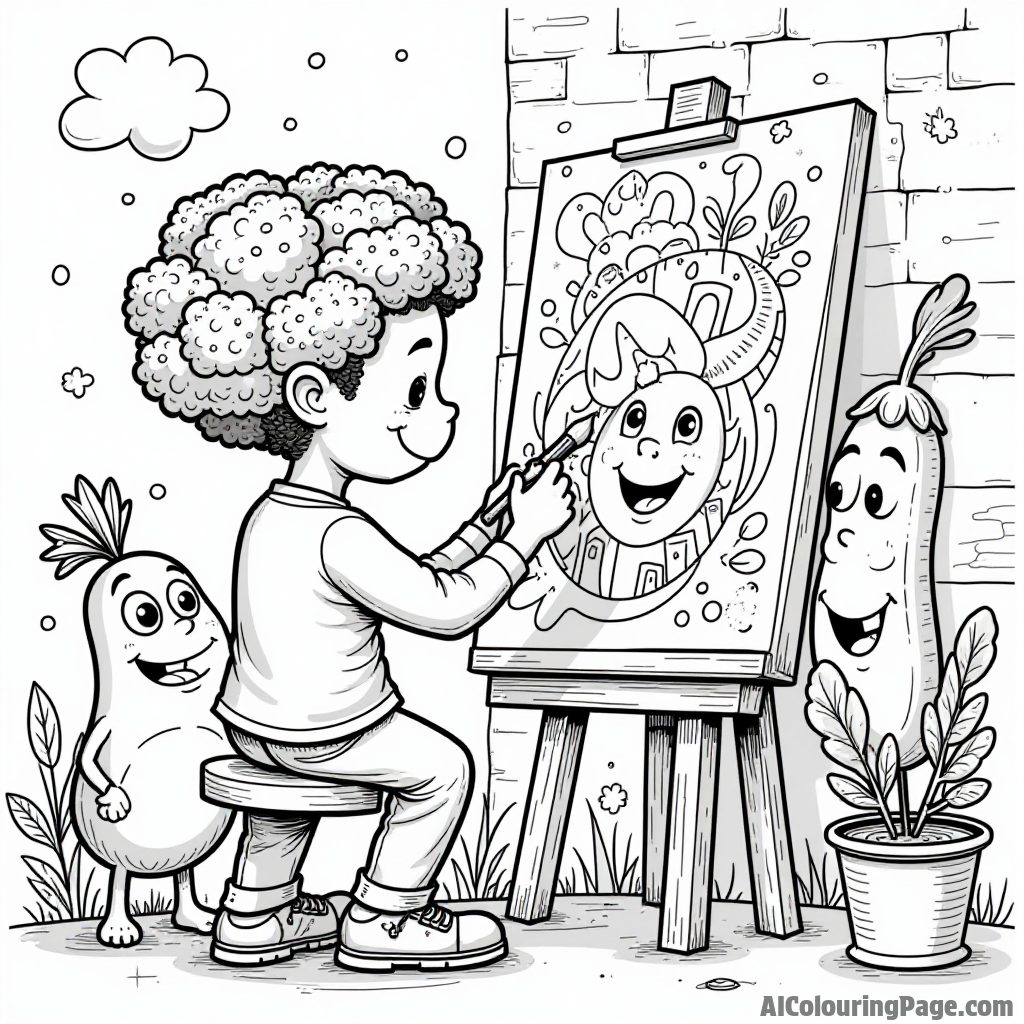 A broccoli artist painting a colorful mural on a wall, surrounded by imaginative vegetable friends cheering for creativity.