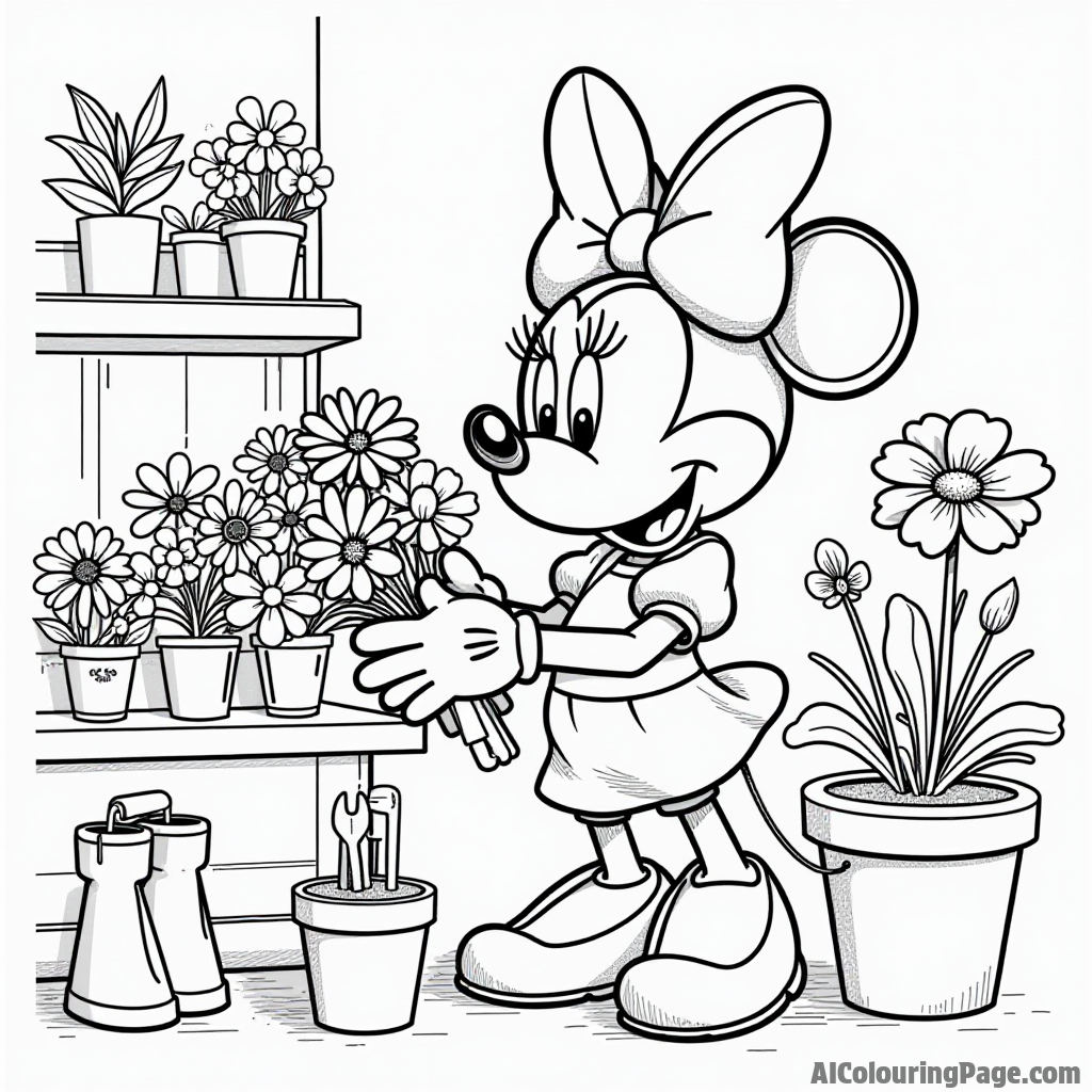 Minnie Mouse at a flower shop, arranging colorful bouquets, with pots and gardening tools scattered around her