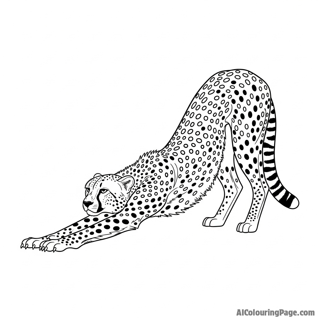 The graceful, elongated spine of a cheetah as it performs a deep stretch after a nap.