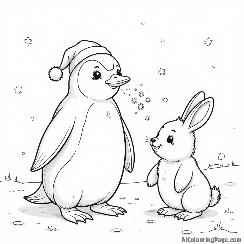 A penguin catching snowflakes on its tongue while standing in a snowy field with a cheerful bunny.