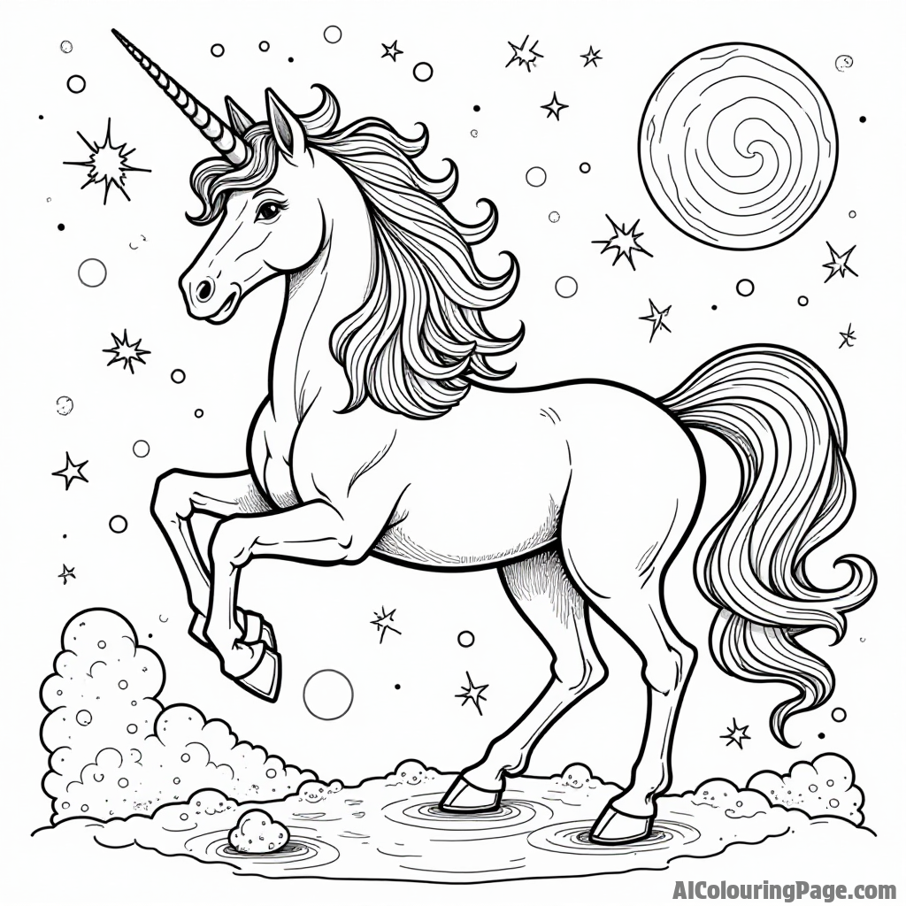 A unicorn with flowing mane surrounded by swirling galaxies and shooting stars, blending fantasy and science fiction for coloring excitement.