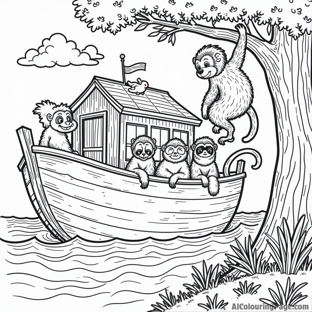 A scene of the animals boarding the ark, featuring a playful monkey and a sleepy sloth hanging from a tree.