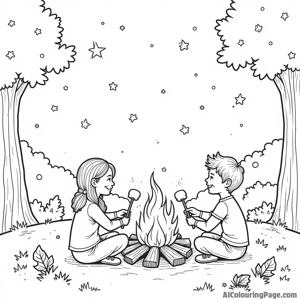 A cozy bonfire scene with friends roasting marshmallows, surrounded by glowing leaves and stars twinkling in the night sky.