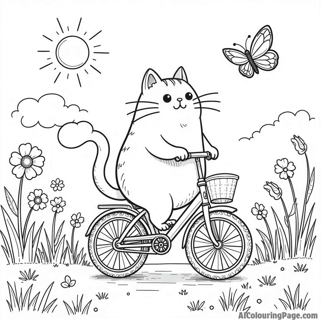 Pusheen riding a bicycle through a flower-filled meadow with butterflies flying around enjoying a sunny day