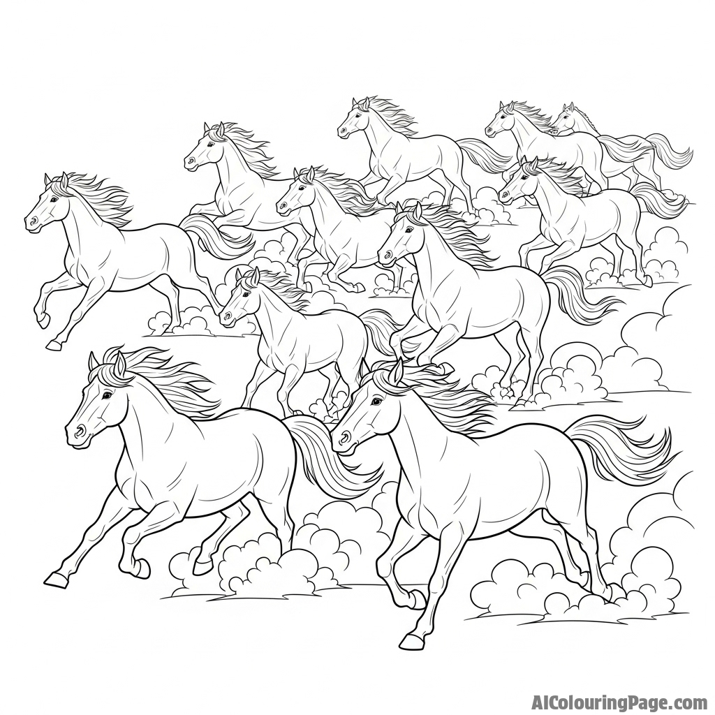 A herd of wild horses galloping across a dusty plain, kicking up clouds of earth