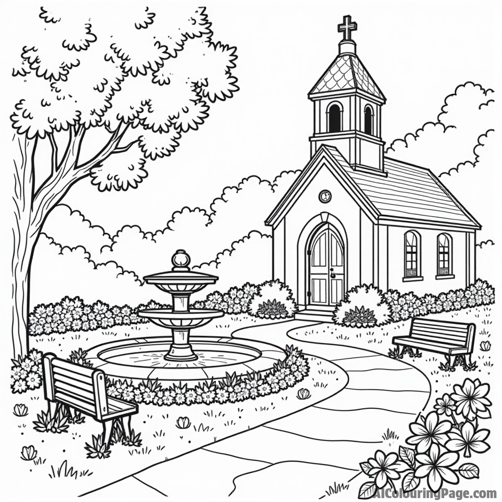 A serene prayer garden next to a church, with a fountain, benches, and flowers creating a tranquil atmosphere.