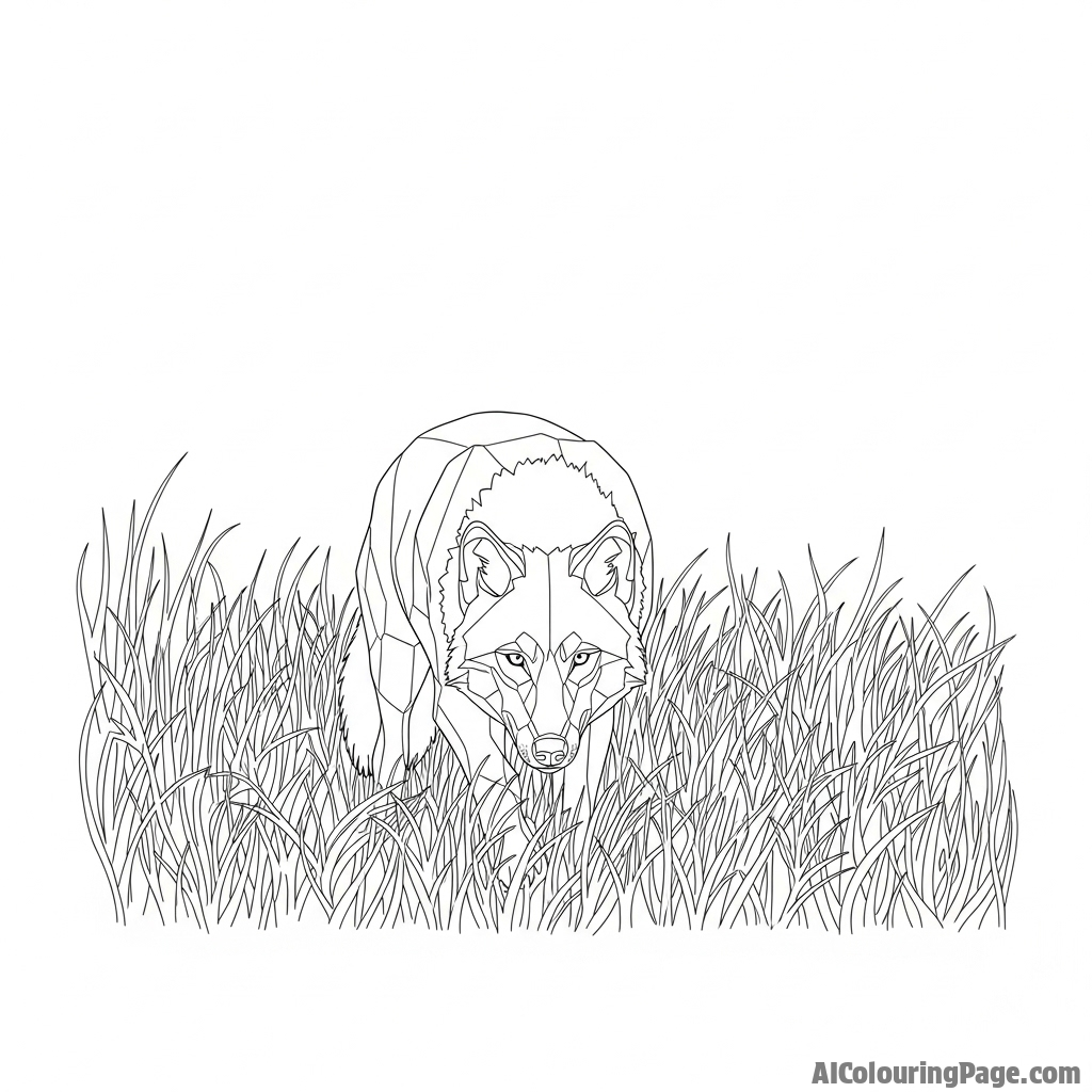 A low-profile shot of a wolf stalking prey through tall, dry grass, muscles tensed.
