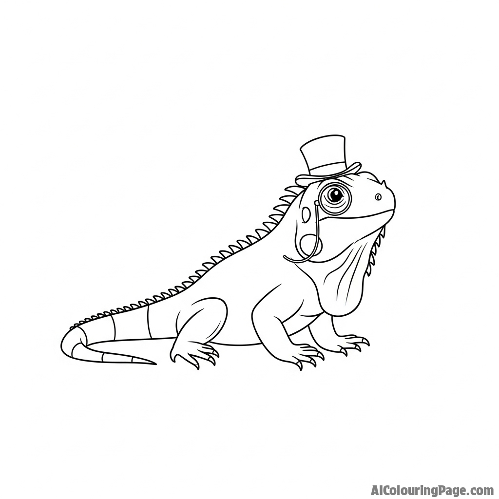 A whimsical illustration of an iguana wearing a tiny top hat and monocle.