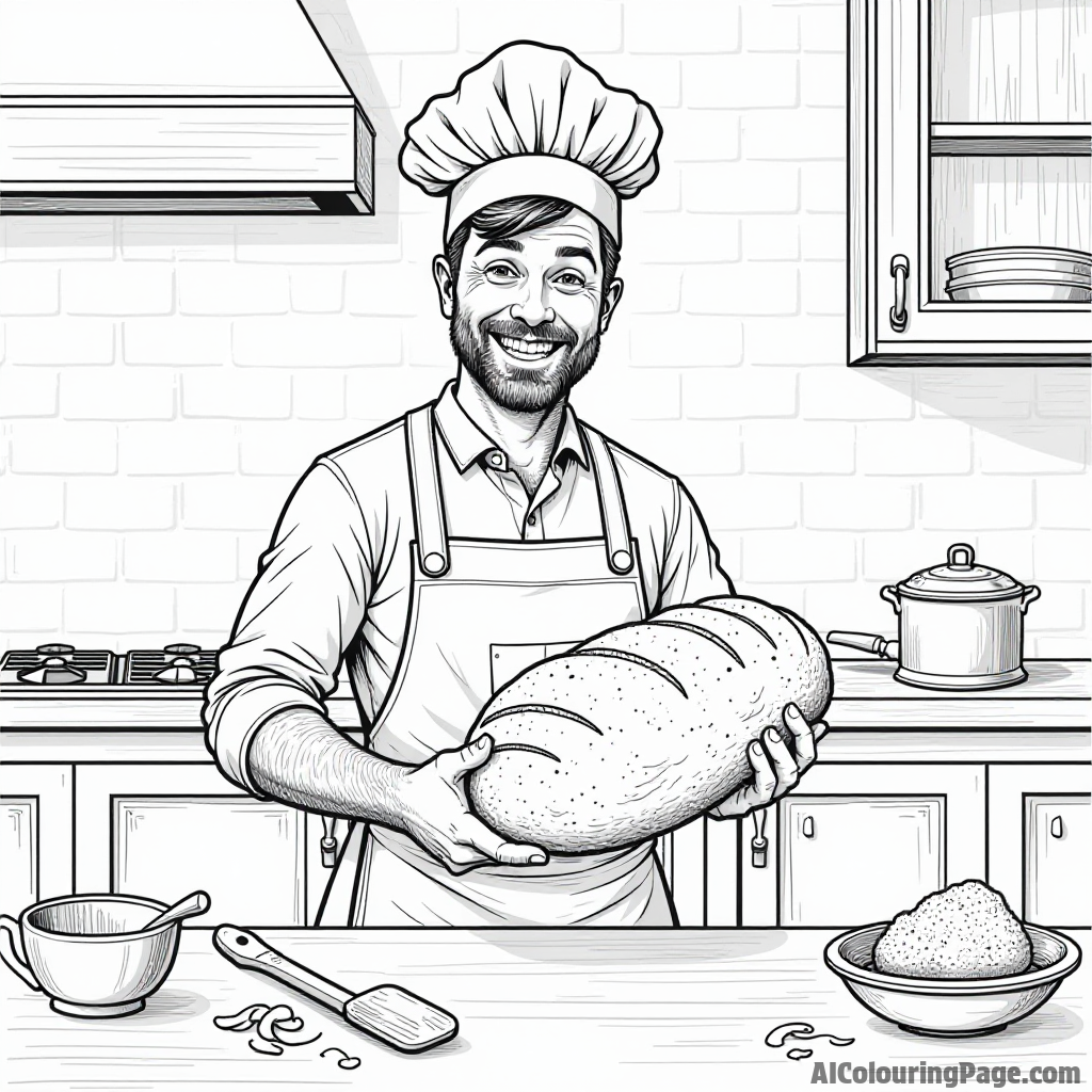 A cheerful baker holding a giant loaf of bread in a rustic kitchen with flour scattered around and baking tools.