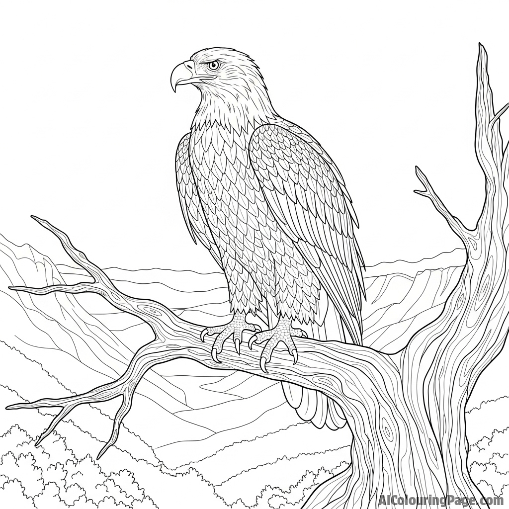 Eagle perched on a weathered tree branch, overlooking a vast valley.