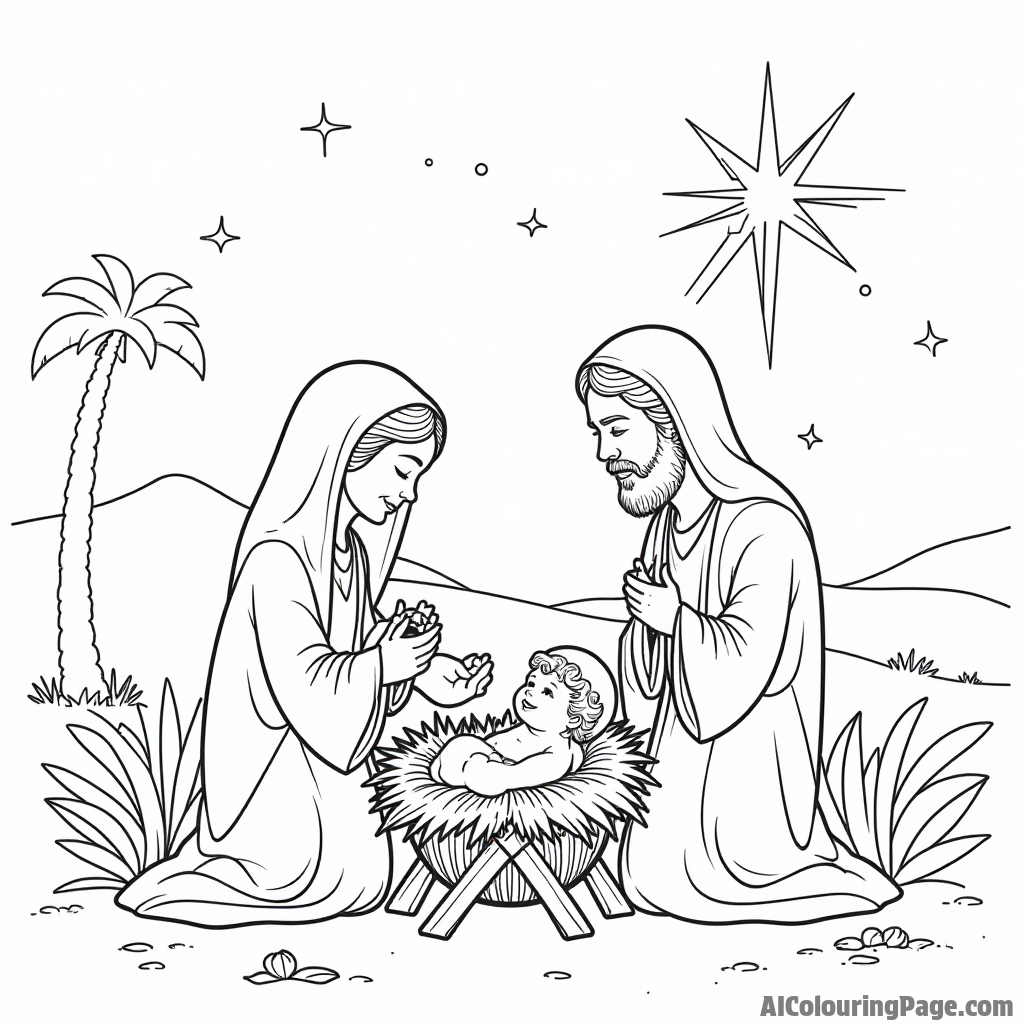 The Nativity scene with baby Jesus, Mary and Joseph, a bright star shining above, gentle animals nearby