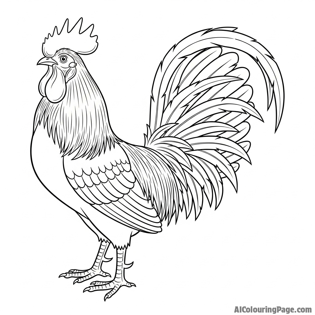 A woodblock print of a rooster in a traditional Japanese style.