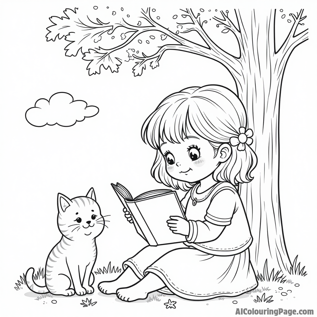 A cute little girl reading a book under a tree, with her pet cat sitting beside her, both enjoying the sunny day.