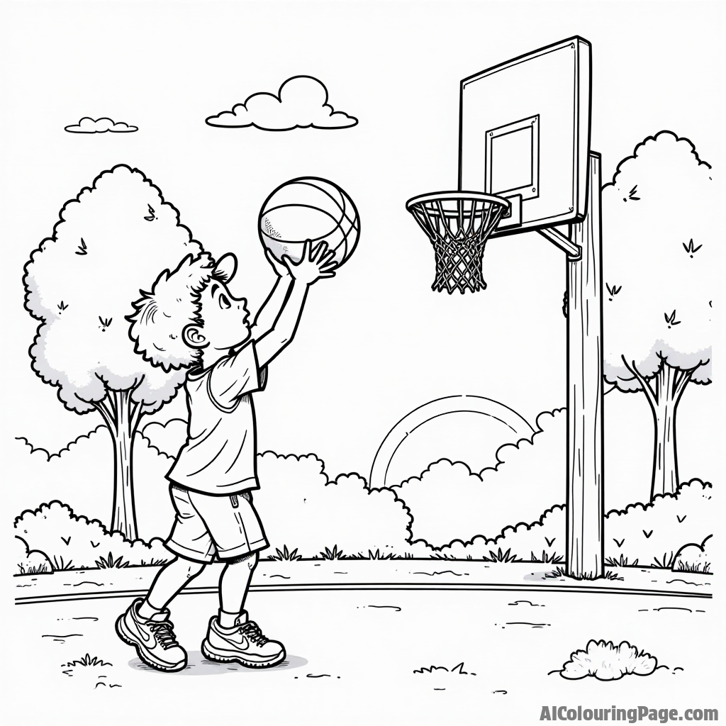 A young boy practicing his basketball skills, shooting hoops at a park with trees and a sunny sky, featuring a fun and energetic atmosphere for kids to color.