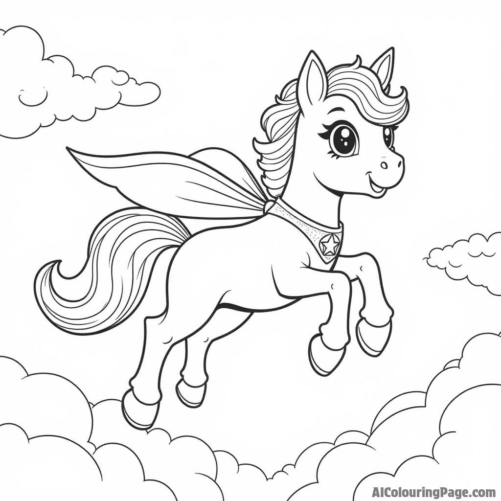 A pony dressed as a superhero flying through the sky with a cape flapping in the wind and clouds below.