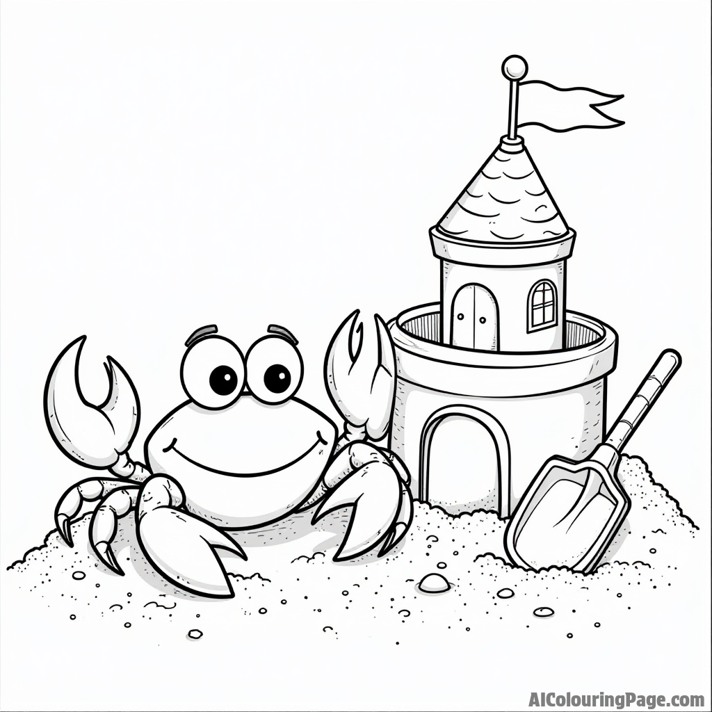 A cute crab digging in the sand next to a colorful sandcastle with a bucket and shovel beside it.