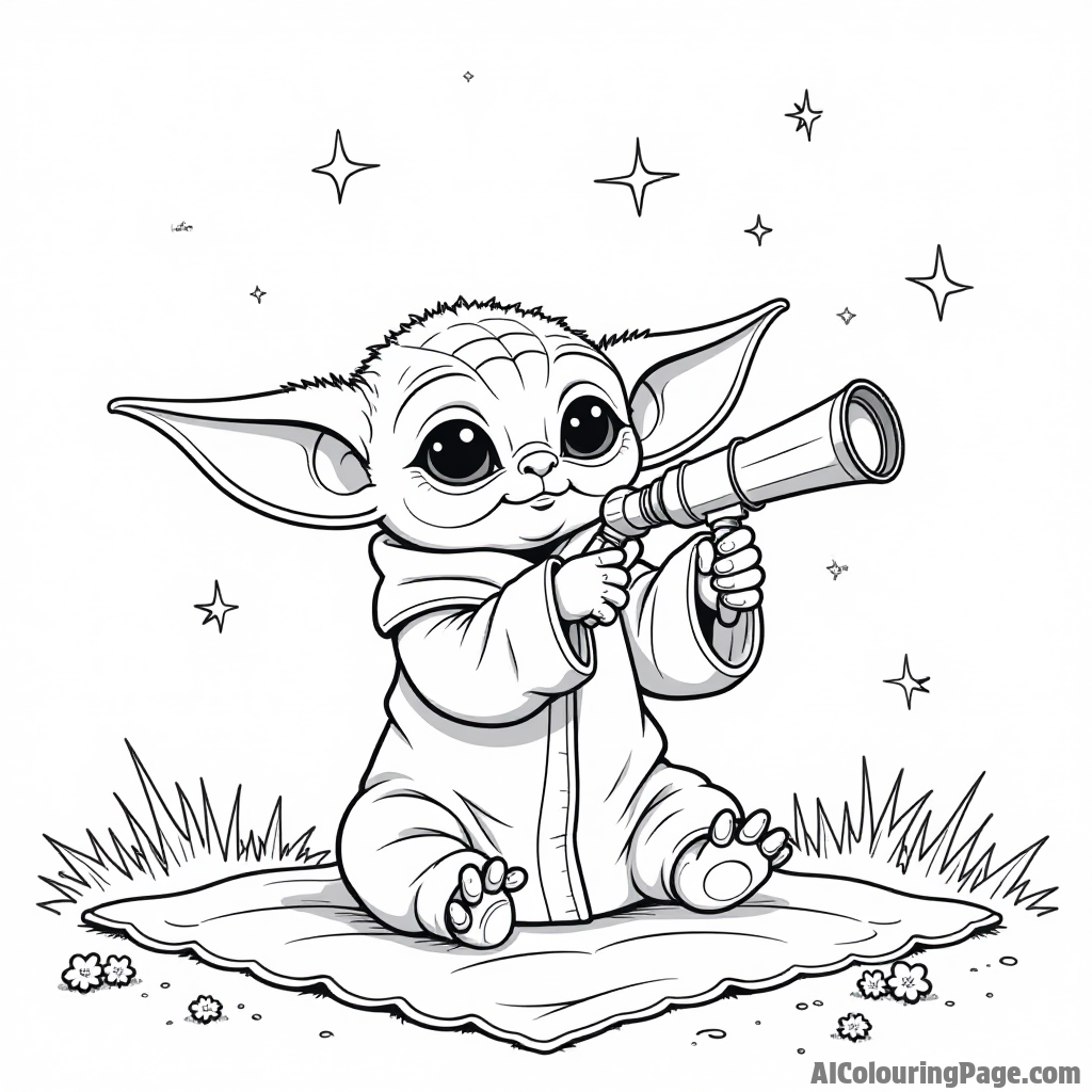 Baby Yoda stargazing with a telescope while sitting on a blanket in the grass