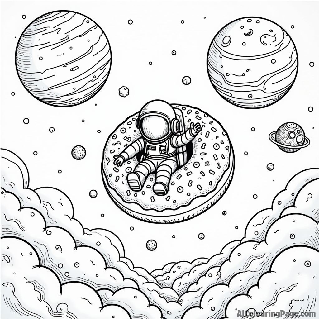 A donut-themed space adventure with astronauts floating among giant donuts and planets made of icing and sprinkles.