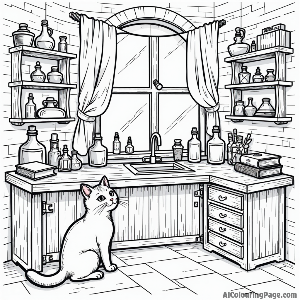 A wizard's workshop filled with potion bottles, spellbooks, and magical objects, with a cat looking curiously around.