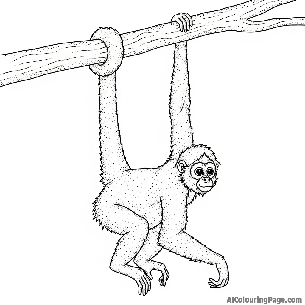 A pointillism artwork depicting a spider monkey hanging by its tail.