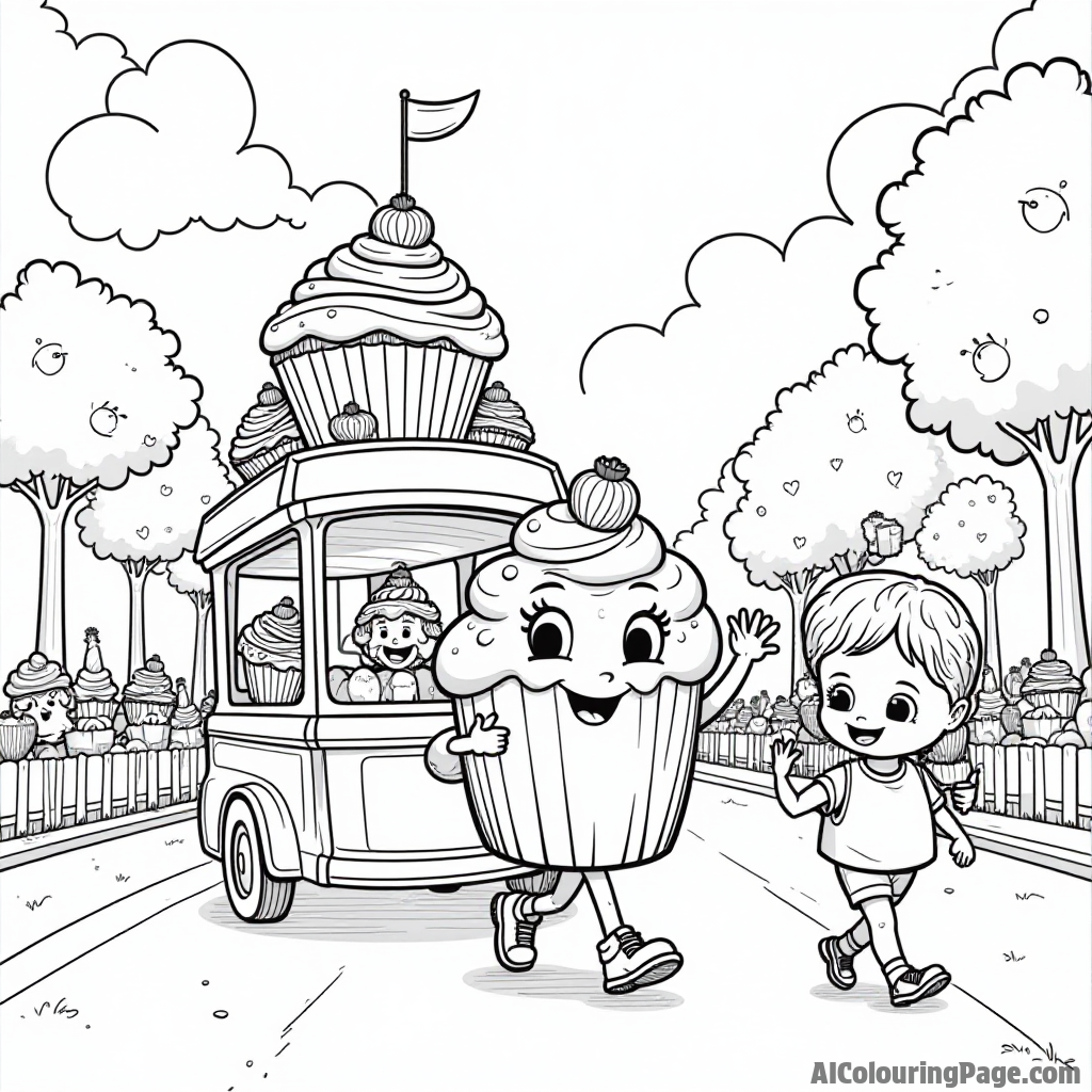 A cupcake parade featuring cupcake floats, cheerful characters dressed as cupcakes, and children enjoying the festive atmosphere.