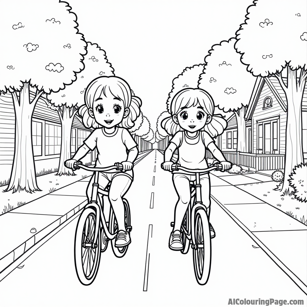 Peppermint Patty and Marcie riding bicycles down a sunny street with trees and houses lining the path