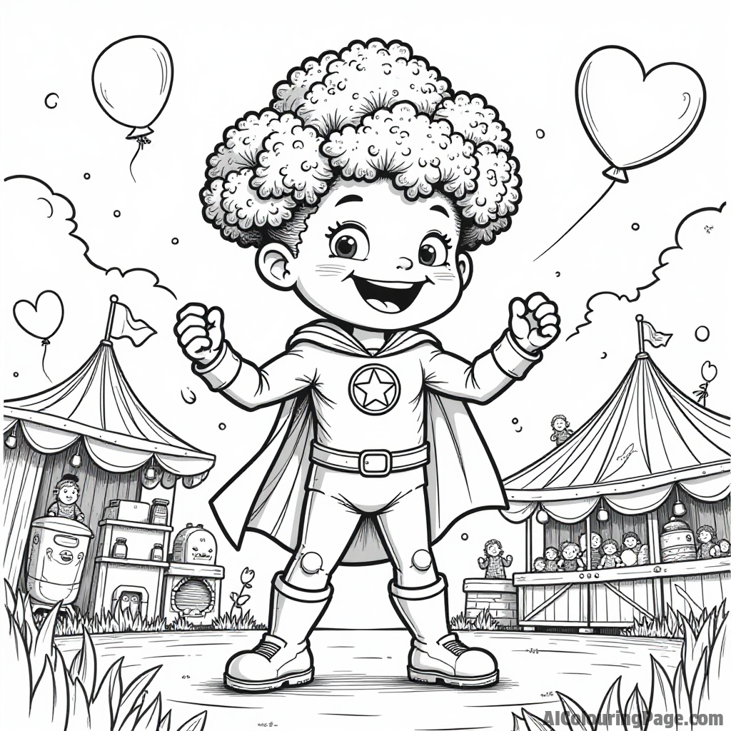 A broccoli superhero saving the day at a vegetable fair, with balloons, rides, and happy children enjoying the festivities.