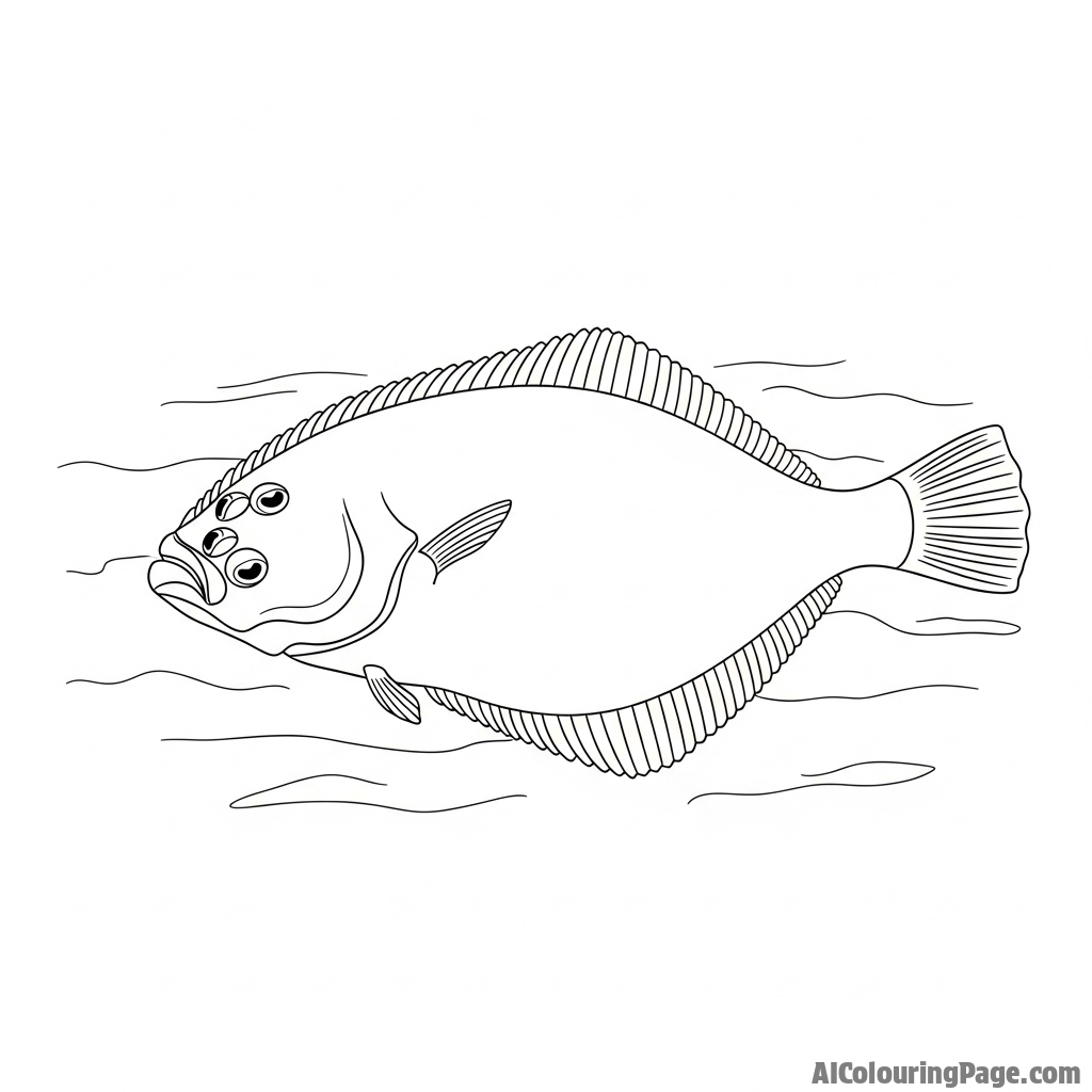 A flat-faced flounder lying on the sandy ocean floor, its eyes on one side of its head.