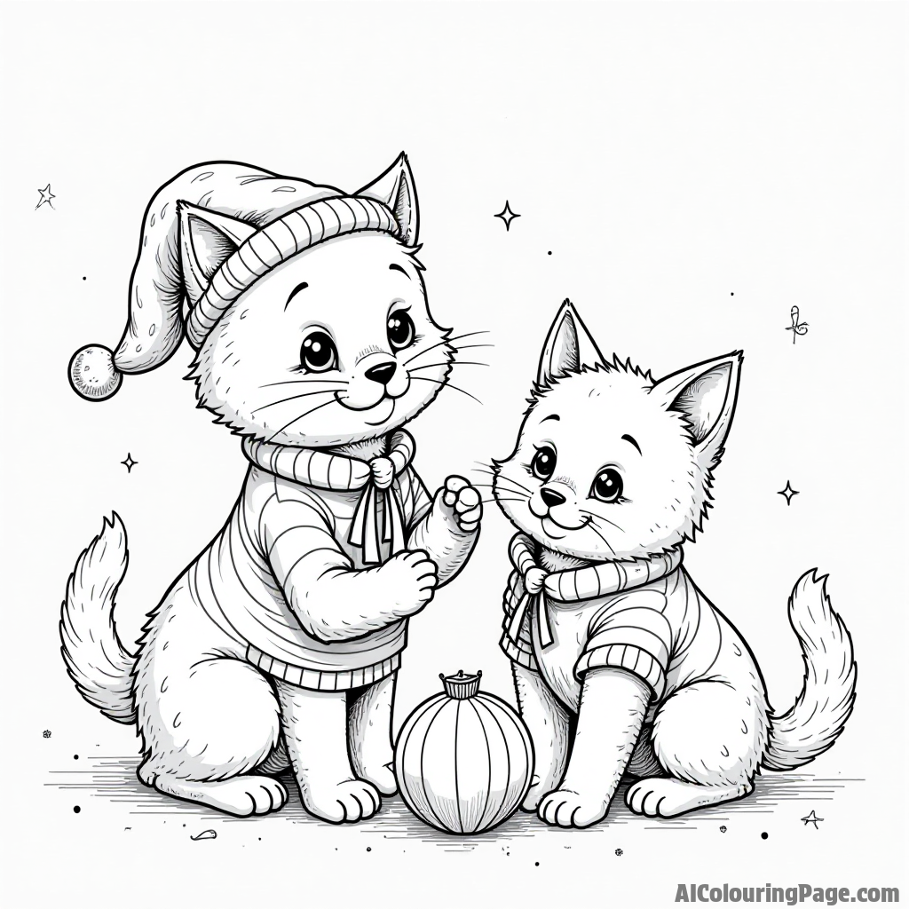 An adorable cat and dog dressed in holiday sweaters, playing with ornaments and ribbons, creating a festive and fun atmosphere.